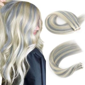 Sassina Extensions de cheveux humains semi-permanents à ruban adhésif argenté à blond platine cendré Trame cutanée invisible Extensions de cheveux à ruban épais 50 g 40,6 cm 20 pièces (Fast Media Ships From USA, neuf)