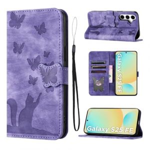 LSPCASA Coque pour Samsung Galaxy S25 FE 5G Housse Protection Premium PU Cuir Portefeuille Protection Porte Carte Fonction Support Flip Case Motif Chat et Papillon pour Samsung Galaxy S25 FE-Violet (SINGGEADA, neuf)