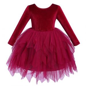 IDOPIP Robe de Velours Enfant Filles Manches Longues Automne Hiver Robe Irrégulière en Tulle Bow Asymétrique Mesh Ourlet Col Rond Rouge 5-6y (BXH, neuf)