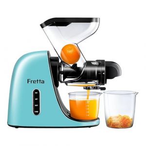 Fretta Extracteur de Jus à Pression à Froid, Goulotte d'alimentation Large de 76 MM, Presse-agrumes à Froid sans BPA, Extracteur de Jus de Fruits et Légumes, Recettes de Jus Incluses (Bleu Clair) (Fretta-EU, neuf)