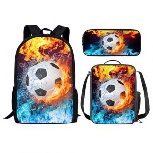 chaqlin Lot de 3 sacs d'école pour enfants avec sac à déjeuner, trousse à crayons, motif animal, dinosaure, loup, football, sacs à livres pour garçons et filles, Sport Fire Football, Taille unique, (chaqlin, neuf)