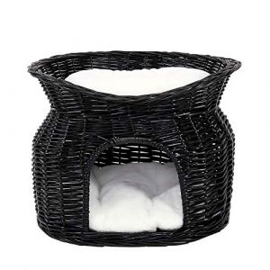 lionto Panier en Osier pour Chats et Petits Chiens avec 2 Coussins Doux, 55x39x43 cm, Panier pour Chat Confortable en Osier écologique, Niche Moderne pour Chats avec Coussins douillets Blancs, Noir (dibea, neuf)
