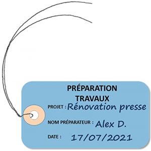 Lot de 250 Etiquettes américaines 'PREPARATION TRAVAUX' cartonnées 100x55 mm avec attache métallique - Maintenance - Services (CODEX ACTION, neuf)
