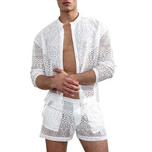 Caxndycing Tenue 2 pi&egrave;ces en maille pour homme avec boutonni&egrave;re - D&eacute;contract&eacute; - Short ample - Sexy - Transparent - Pyjama d'&eacute;t&eacute; en maille creuse - Combinaison d'int&eacute;rieur - Chemises &agrave; manches longues (Aigdgoog, neuf)