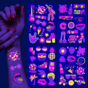 Qpout Glow in The Dark Tatouages Temporaires Hot Pink Preppy Neon Luminous Tattoos Stickers Fluorescent Party Face Tattoos pour les filles Adulte pour Preppy Bachelorette Party Décorations (Mopyt, neuf)