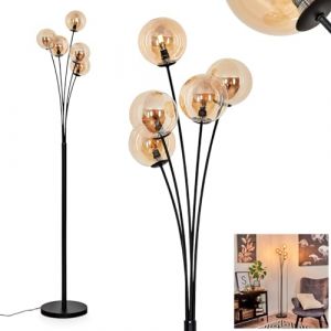 Bernado Lampadaire à intensité variable en métal/verre noir/ambre avec boules en verre (diamètre 12 cm), hauteur 174,5 cm, intensité variable en continu via interrupteur à pied, 5 ampoules G9, sans (hofstein, neuf)