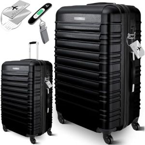 Kesser® Valise rigide de voyage, avec balance à bagages + étiquette de bagage, valise à roulettes, serrure à combinaison, 4 roues, plastique ABS, poignée télescopique, Noir , 75cm - 120L (WMK Trading GmbH, neuf)