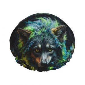 Bonnet de douche, style r&eacute;aliste, color&eacute; loup, bonnet de douche pour femme, r&eacute;utilisable, imperm&eacute;able, bonnet de douche pour cheveux, double couche, bande &eacute;lastique pour cheveux longs (JQMY-EU, neuf)
