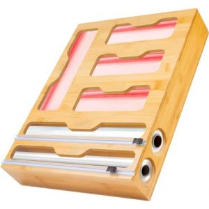LudoHome Distributeur de Papier Aluminium et de Film en Bambou avec d&eacute;coupeur, Organisateur de Sacs de cong&eacute;lation, Organisateur 6 en 1 pour la Cuisine, 4 Compartiments pour Sacs Zip et 2 d&eacute;coupeurs (Cobrasa, neuf)
