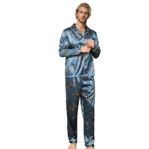 RuanMM Ensemble pyjama en satin soyeux pour homme - Haut à manches longues et pantalon long - Vêtements de nuit soyeux pour homme, Motif papillons Bleu, XXL (Shanghai PinShan Industrial Co., Ltd., neuf)