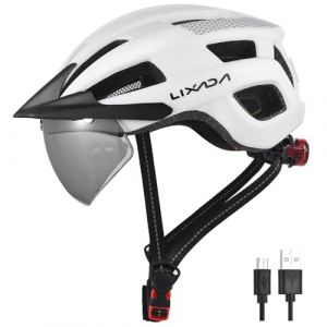 Lixada Casque de vélo,Casque Vélo VTT,Unisexe Casque avec Pare-Brise et Pare-Soleil, feu arrière Rechargeable, Casque de vélo réglable pour la sécurité et la Protection (Diarru, neuf)