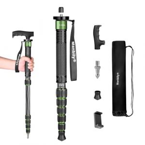 Manbily Monopode Caméra Appareil Photo 40-168cm en Fibre de Carbone Monopodes de Voyage avec Poignée de Canne Portable Compact Télescopique 6 Sections pour DSLR Caméra, Caméscope Vidéo (Vert) (Manbily, neuf)