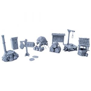 3D Vikings City Items – Ensemble complet d'accessoires de terrain pour RPG de table, donjons et dragons, Warhammer – Comprend puits, toilettes, panneaux, gallows, tableau à journaux, chariot, piquet (3D Vikings EU, neuf)