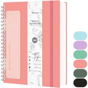 Qefuna Carnet A4 Lign&eacute;, 300 Pages &agrave; Spirale, Papier R&eacute;sistant &agrave; l'Encre 100g/M&sup2;, Couverture Rigide PVC, avec R&egrave;gle, Poches Extensibles, Bandes Elastiques, pour Femme, Homme, 21x 28 cm - Rose (Qcore, neuf)