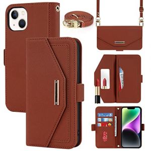 Cavor Coque Compatible avec iPhone 15 Etui avec Cordon,Flip Portefeuille &Eacute;tui Cuir,[5 Porte Cartes][Miroir][Magn&eacute;tique][R&eacute;glable Collier] Housse - Marron (Copmob, neuf)