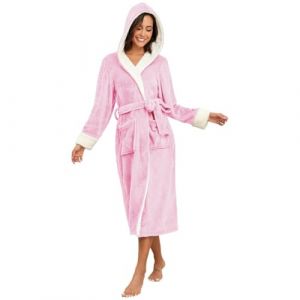 RONGTAI Peignoir en polaire-Fleece pour femme, avec capuche, chemise de nuit &eacute;paisse, longue, v&ecirc;tements de nuit avec deux poches lat&eacute;rales et ceinture, Rose, S (Jiangsu Rongtai Home Technology Co., Ltd., neuf)
