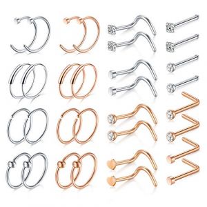 Mayhoop Piercing Nez Anneaux Studs Acier Inoxydable en Forme de L et en Spirale Anneaux de Nez Argent Or Rose Bijoux de Piercing 32Pi&egrave;ces (Mayhoop, neuf)