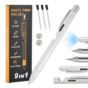 Stylo Multifonction 9 en 1 - Gadget Insolite et Utile pour Homme - Cadeau Personnalisé pour Anniversaire ou Papa (Argent) (Bocxin, neuf)