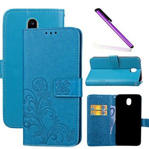 COTDINFOR J3 2017 (European Version) Coque Housse Fille Élégant Rétro Fait Main Portefeuille avec Béquille de Carte de crédit Magnétique Flip Étui Cuir pour Samsung Galaxy J330 Clover Blue SD (COTDINFOR, neuf)