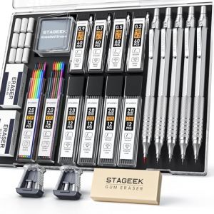 STAGEEK Lot de 21 porte-mines en métal 0,3, 0,5, 0,7, 0,9, 2 mm (HB 2H 2B 4B Color) avec 10 tubes de mines graphite et gomme avec étui pour dessin, croquis (STAGEEK, neuf)