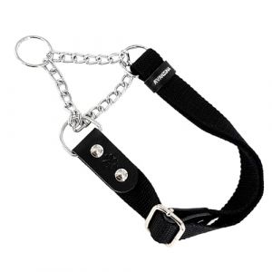 Martingale Collier Semi Etrangleur pour Chien avec Cha&icirc;ne et Cuir. Anti Traction. M. Noir & Noir (AVANZONA, neuf)