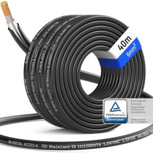 hb-digital 40m Câble solaire 6mm² Photovoltaïque H1Z2Z2-K - Certifié TÜV Rheinland - Résistant aux UV Flexible 1500V Cable PV pour Panneau solaire Régulateurs de charge Onduleurs - Noir (HB-DIGITAL, neuf)
