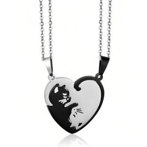 WUNZILO 2 Pièces Collier Couples Pendentif Chat, Collier Couples Argent Noir, Collier Pendentif Puzzle, Meilleur Cadeau pour Vous et Votre Amant, Collier avec pendentif en forme de cœur (ZHANG  ZHAOJUN UK SHOP, neuf)