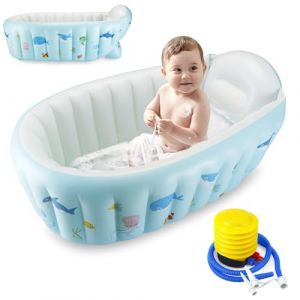 PandaEar Baignoire gonflable portable pour b&eacute;b&eacute; et enfant, bassin antid&eacute;rapant avec pompe &agrave; air, mini piscine (bleu baleine) (PandaEar, neuf)