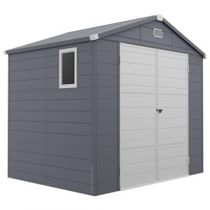 Outsunny Abri de jardin en r&eacute;sine 4,6 m&sup2; avec kit de fondation galvanis&eacute; structure en aluminium 240 x 190 x 228 cm, cabane de jardin cabanon rangement outils avec portes &agrave; loquet 3 fen&ecirc;tre, gris fonc&eacute; (Aosom FR, neuf)