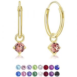 DTPsilver&reg; Boucles d'oreilles PETITES Cr&eacute;oles en Argent Fin 925 Plaqu&eacute; Or Jaune avec petit Pendentif 3 mm Cristaux de Swarovski&reg; Elements Ronds - Diam&egrave;tre: 14 mm - Couleur: Rose Clair (DTPSilver, neuf)
