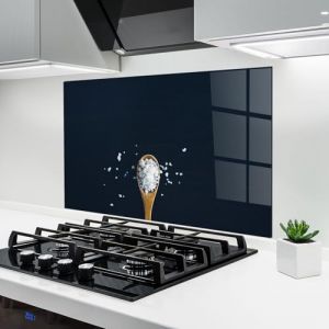 ARTHUB&reg; Cr&eacute;dence de Cuisine en Verre 70x100 cm, Salt on Black | Protection Contre Les &eacute;claboussures, Rev&ecirc;tement Mural en Carreaux, Plaque en Verre, Verre tremp&eacute;, Aliments, &Eacute;pices (ARTHUB - wall decor, neuf)