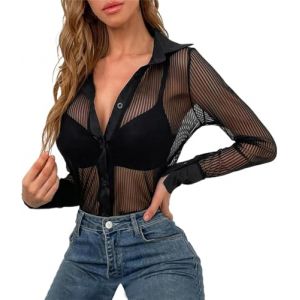 ORANDESIGNE Femme Chemisier &agrave; Manches Longues en Maille Transparente Tee Shirt Chemise Sexy Col &agrave; Revers Couleur Unie Sheer Mesh Noir Tulle Tenue de Moulante pour Soir&eacute;e Club B Noir S (Wowmart Zoo X., neuf)