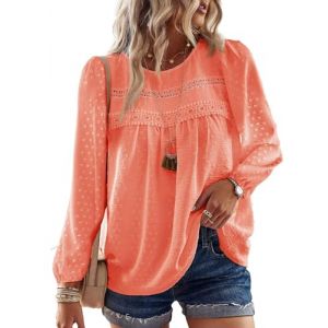 TUUHAW Chemise Femme Chic et &Eacute;l&eacute;gant Automne Grande Taille Manches Longues Boh&egrave;me Top Col Rond Dentelle D&eacute;contract&eacute; Haut T-Shirts Fluide &agrave; Point Suisse Tunique Orange Vif XXL (TROFANO, neuf)