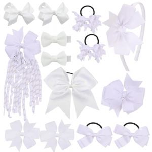 Lot de 14 n&oelig;uds pour cheveux d'&eacute;cole - Uniforme - Pinces &agrave; cheveux - &Eacute;lastiques &agrave; cheveux boucl&eacute;s en li&egrave;ge - Pour les petits &eacute;coliers - Blancs (Yuanzhushipin, neuf)
