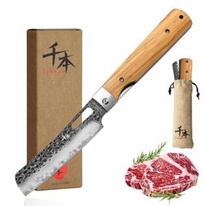 SENBON 440 - En acier inoxydable forgé - Lame de chef de camping - Couteau de cuisine pliable Portable Poignée d'olive - Petit couteau de chef (Senbon, neuf)