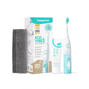 happybrush® Brosse à dents sonique électrique Eco VIBE 3 - Brosse à dents durable avec 6 semaines de batterie d'alimentation avec trousse de voyage et dentifrice SuperWhite - Blanc/Menthe (Happybrush, neuf)