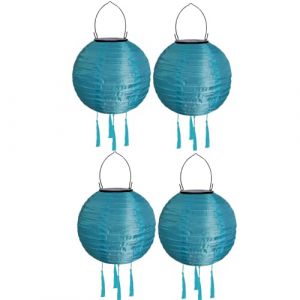 Lot de 4 lampions solaires d'ext&eacute;rieur r&eacute;sistants aux intemp&eacute;ries - Lampion solaire &agrave; LED - &Eacute;tanche - Avec pompon - Lampes solaires &agrave; suspendre - En papier - 20 cm - Bleu (ZDD123, neuf)
