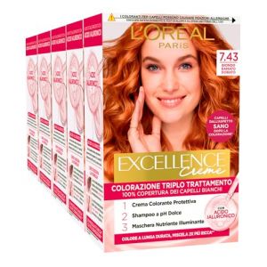 L'Or&eacute;al Paris Excellence Creme Coloration Triple Traitement 7.43 Blond Cuivr&eacute; Dor&eacute; Longue Dur&eacute;e 100% Couverture Cheveux Blancs Formule avec Acide Hyaluronique - 5 Teintes (Eurocali, neuf)