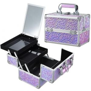 Malette Maquillage Malette Onglerie verrouillable avec Miroir Boite Rangement Maquillage Vanity Maquillage Multifonction pour Salon et Voyages, Violet Scintillant (Xaigor, neuf)