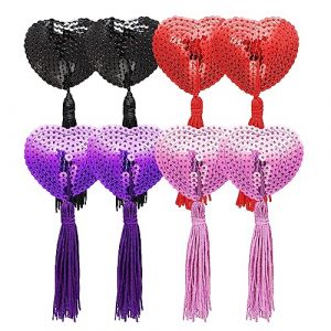 Cache-T&eacute;tons Adh&eacute;sifs, Housse de Mamelon Autocollante avec Franges R&eacute;utilisable Femmes Sexy Sequin Frange Coeur sous-V&ecirc;tements Femmes Buste Cr&egrave;me Mamelon Franges (Noir Rouge Poudre Violet) (My Smart Choice 5, neuf)