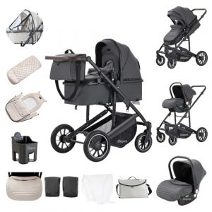 Zkiprm Poussette 3-en-1, Système de Voyage Avec Siège Auto, Landau et nacelle, Accoudoirs Réglables, Habillage pluie,Gant, Moustiquaire, Châssis en aluminium, Landau à profil haut pour 0-4 ans, Gris (Zkiprm, neuf)