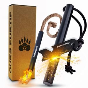 Kit Firesteel XXL - Pierre à Feu de Survie - Barre Magnésium Tendre de qualité 12mm - 20 000 utilisations - Amadou Inclus + Paracorde + Pochette - Accessoire Camping, Bushcraft, Randonnée (Arauzo Brothers, neuf)