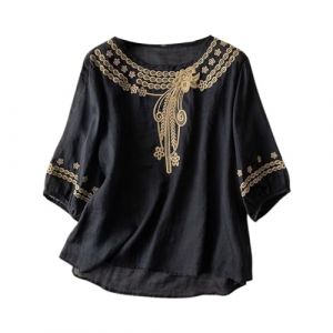Chemisier Coton et Lin Manches Courtes pour Femme Blouses Ample Col Rond Tunique D'&eacute;t&eacute; Boh&egrave;me Folklore Vintage Broderie Top Hauts L&acirc;che Respirant T-Shirts Grande Taille Pas Cher Tunique Blouse Mode (GUnakd, neuf)