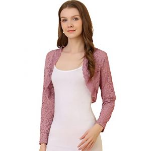 Allegra K Boléro Dentelle Florale Femme Cardigan Court Ouvert Devant à Manches Longues Boléro Élégant pour Invité de Mariage et Cocktail Gilet Court Demi-Transparent Gris Rose L (Weisser Berg, neuf)