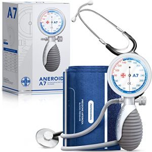 AIESI® Sphygmomanomètre Manuel Professionnel Anéroïde Tensiomètre palmaire pour les adultes avec stéthoscope ANEROID A7, Poignée Réglable, Garantie 24 mois (Medical Division, neuf)