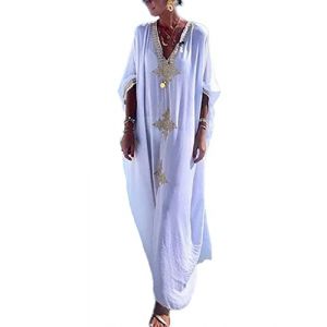 Bsubseach Broderie Robe de Plage Caftan Femmes Grande Taille Kaftan Floral Maxi Longue Tunique Boh&egrave;me Boho Et&eacute; Djellaba Femme Kimono Blanc (Bsubseach-EU, neuf)