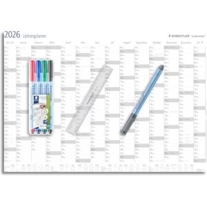 STAEDTLER Lumocolor 641 YP-1DE Calendrier mural 2026 | Lot de 4 couleurs + r&egrave;gle | Effa&ccedil;able &agrave; sec | Planificateur de vacances et de jours f&eacute;ri&eacute;s | Taille DIN A1 | DEZ 25 + JAN 27 | &Eacute;dition sp&eacute;ciale (allpremio, neuf)