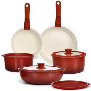 GiPP 11 Pi&egrave;ces Set de Po&ecirc;les et Casseroles Avec Rev&ecirc;tement C&eacute;ramique Antiadh&eacute;sif - Sets de Casseroles Avec Poign&eacute;es D&eacute;tachables, Sans Toxiques, Compatible Induction (D&eacute;grad&eacute; Rouge) (GiPP&reg;Direct EU, neuf)