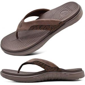 ONCAI Tongs pour Hommes, Été Sport Douche Piscine Plage Plantaire Cuir Sangle Chaussures de Orthopedic Support de L'arche Semelle en Caoutchouc Marron Taille 47 (ONCAI HZTH, neuf)