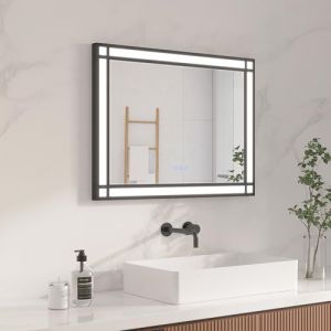 AQUABATOS Miroir de Salle de Bain LED avec &eacute;clairage 80x60 cm Effet fen&ecirc;tre Miroir Lumineux Cadre Aluminium Noir Miroir d&eacute;coratif dimmable Blanc Froid Blanc Chaud antibu&eacute;e (aquabatos-com, neuf)